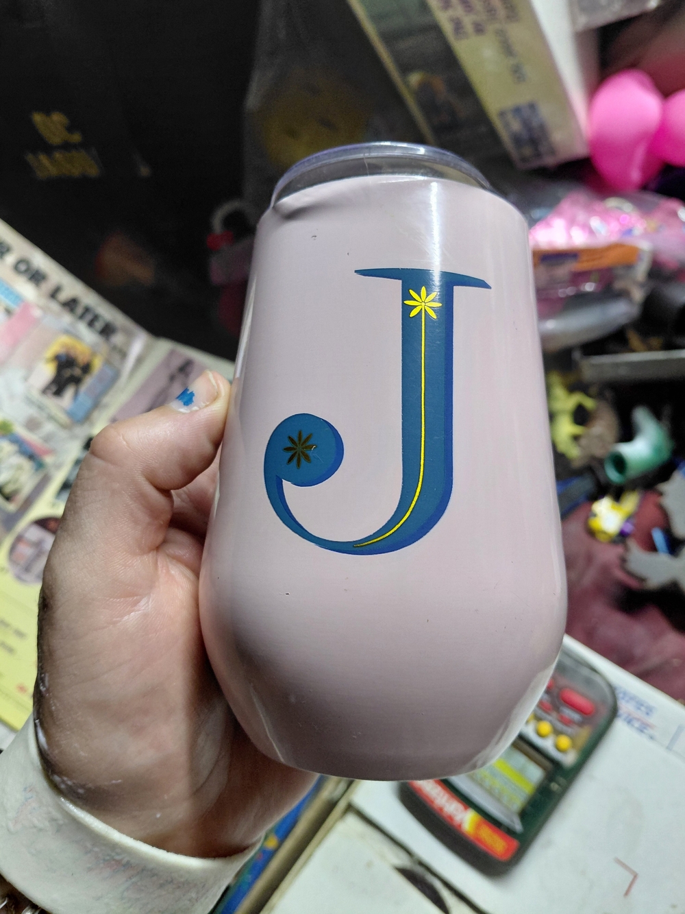 pink, double-wall insulated stainless steel wine tumbler opalhouse monogram j